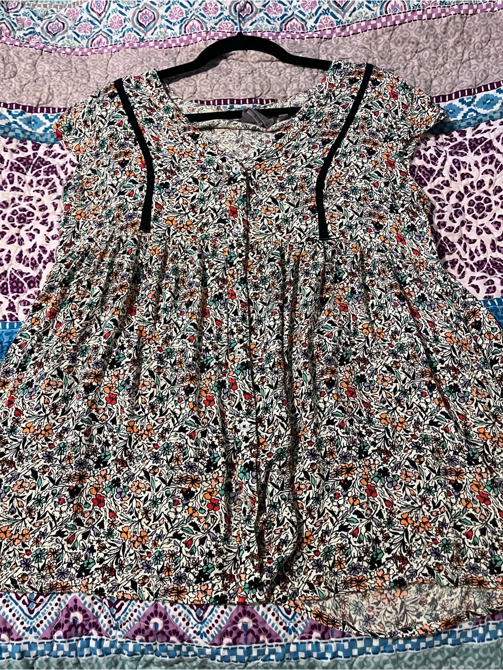 Floral Peasant Tunic Top with Black Trim - Women's